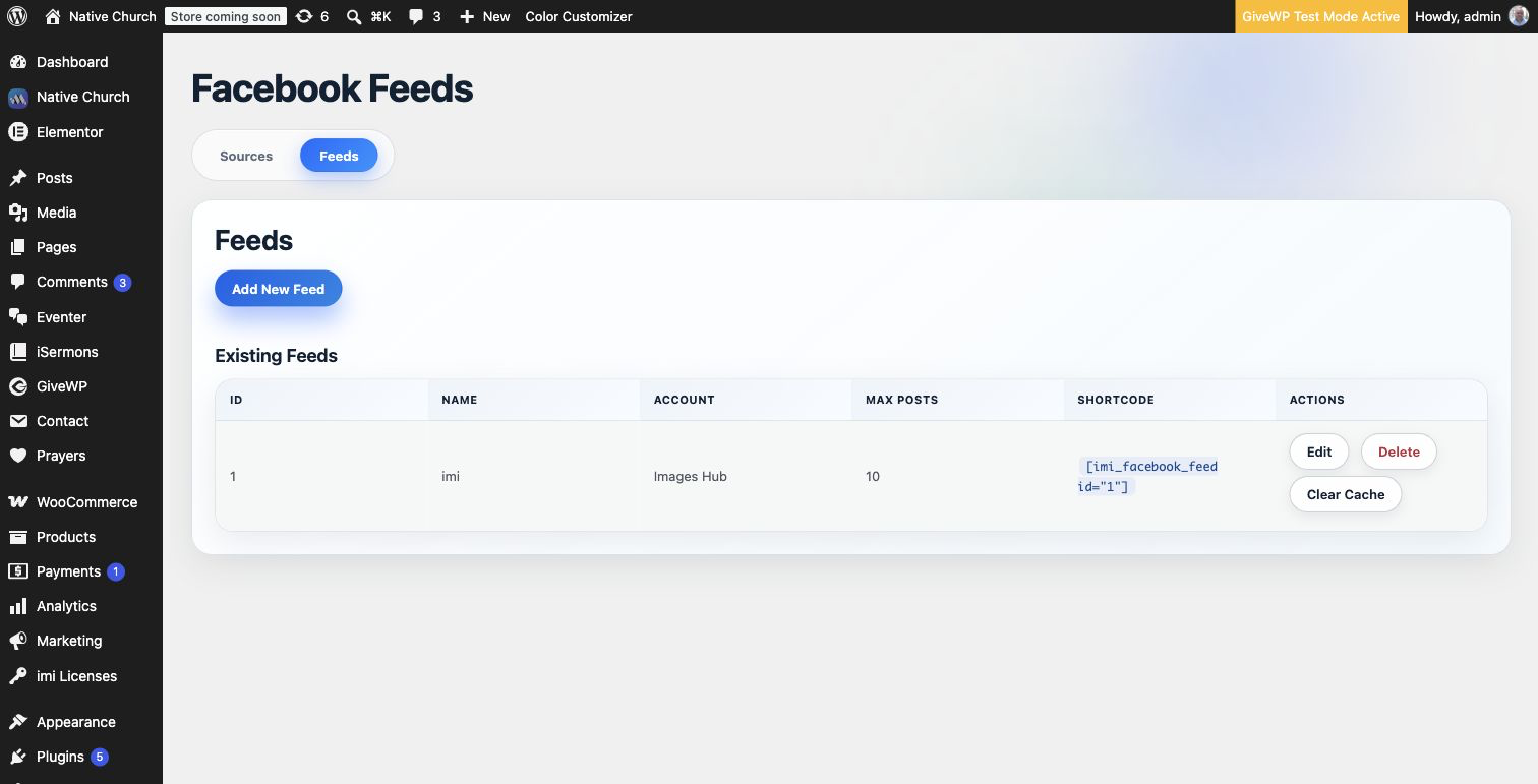 Facebook Feeds screen showing saved feeds and generated shortcode