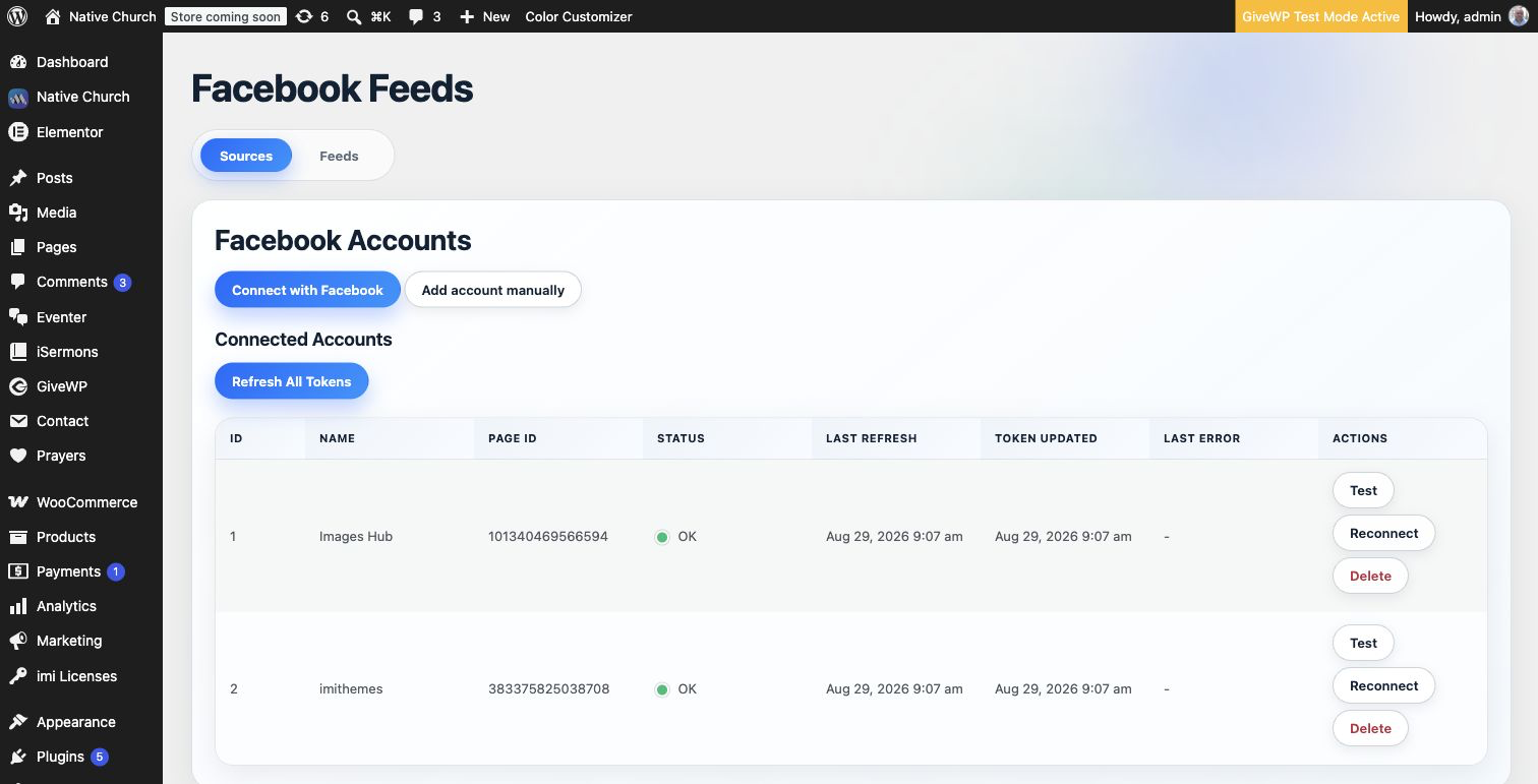 Facebook Feeds Sources screen showing connected Facebook Page accounts